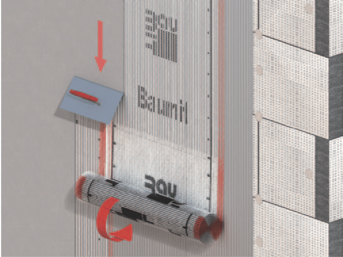 Material in action.

Here you can see the Baumit StarTex Mesh being laid in to render on an EWI installation. On large open areas lay the mesh vertically as shown but on smaller, more awkward areas it can be laid horizontally. Always remember to ensure a 100mm overlap around all adges of the mesh pieces.