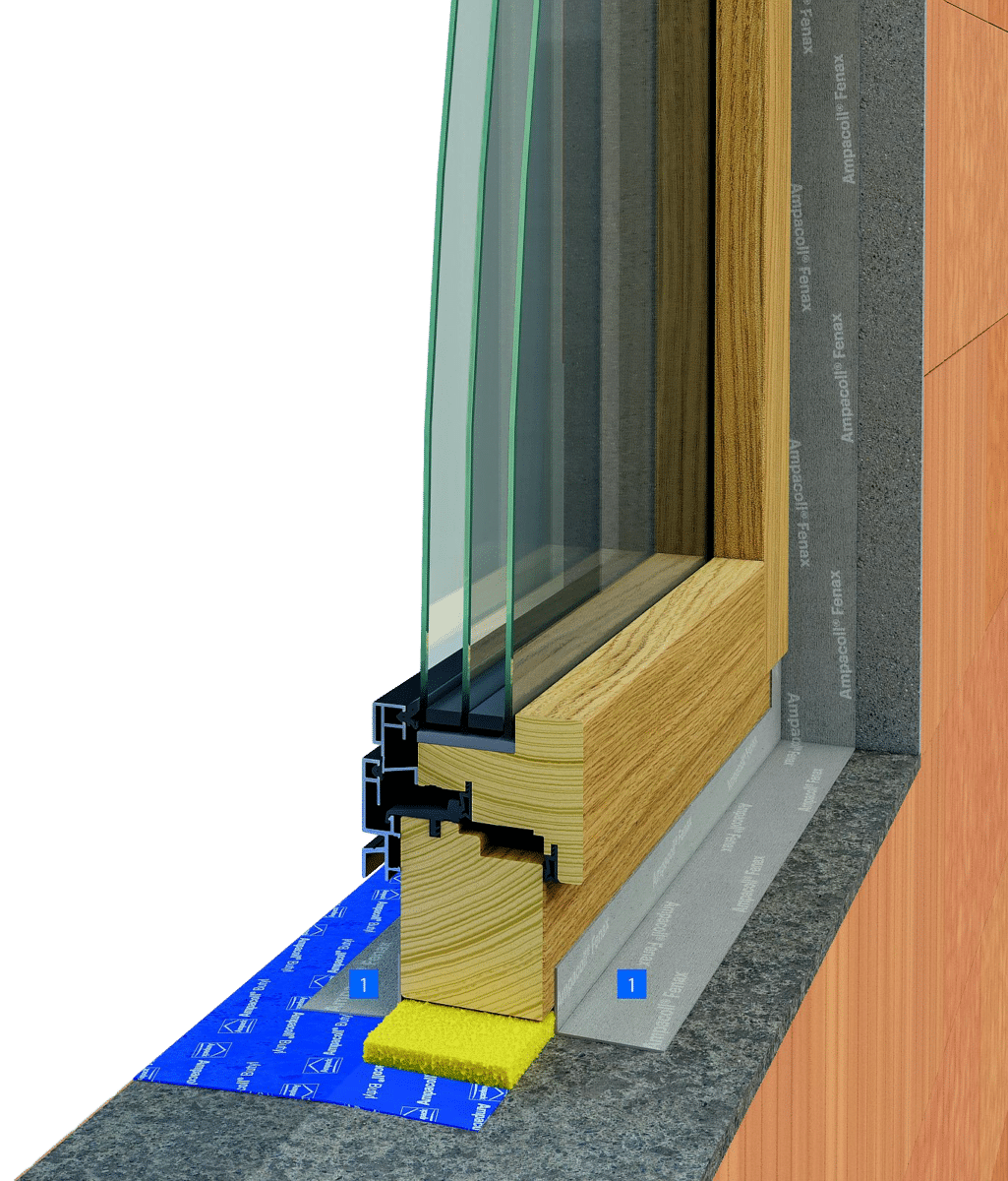 Material in action.

In this image you can see the Ampacoll Komprimax M between the frame and the sill and then sealed internally and externally with the Ampacoll Fenax 40/60 tape. The sill is also sealed with the Ampacoll Sillskin product to ensure that there is now way in to the timber frame for any wind driven rain. However, should any moisture get in, both the Komprimax and the Fenax tapes are all vapour permeable and so will allow moisture to evaporate without any damage to the window or the walls.