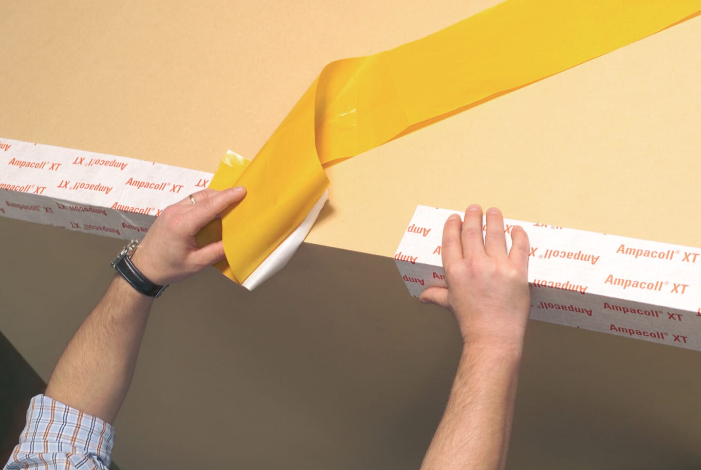 Material in action.

One use for this split backed tape is to tape joints in wood fibre boards, especially where bats are present. The Ampacoll XT tape is ideal for external use as it is UV resistant and will last for decades in an external environment.