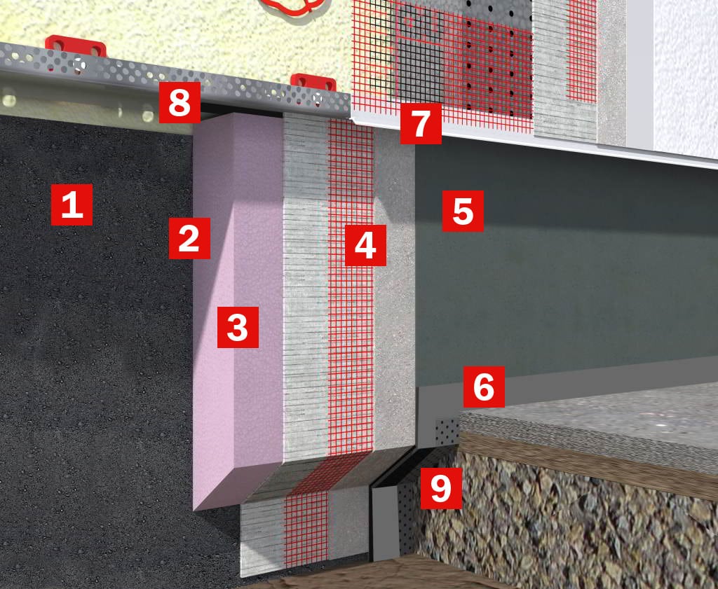 Material in action.

Baumit DS26 Flex is part of the the Baumit PlinthSystem and mainly used to waterproof the plinth areas of external wall insulation systems. It is the layer marked as 6 in this image and is there to keep water away from the plinth insulation boards starting just above ground and finishing below the bottom of the insulation board as shown.

Baumit DS26 Flex can also be used to waterproof other areas of buildings, including retaining walls and also areas beneath window sills within external wall insulation systems.