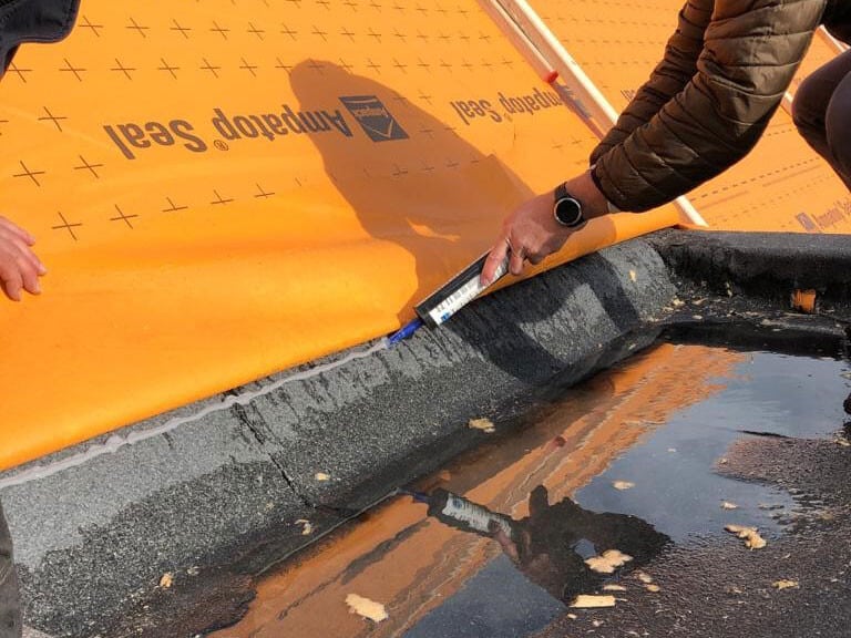 Material in action.

This sealant is much easier to apply than tapes, particularly on masonry or textured surfaces where tapes would struggle to seal.