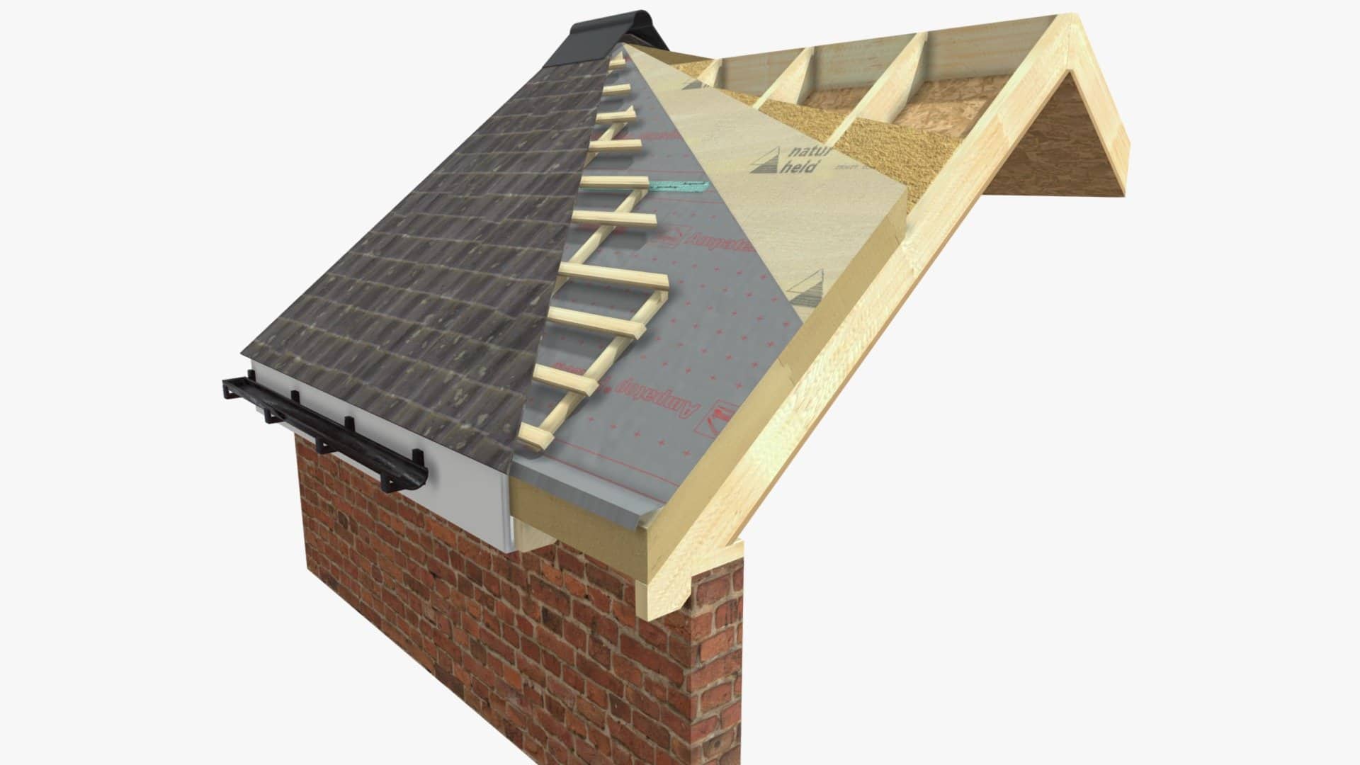 Cut-away of a pitched roof showing NaturHeld wood fibre boards over the rafters, with breather membrane, counter battens, tiling battens and roof tiles